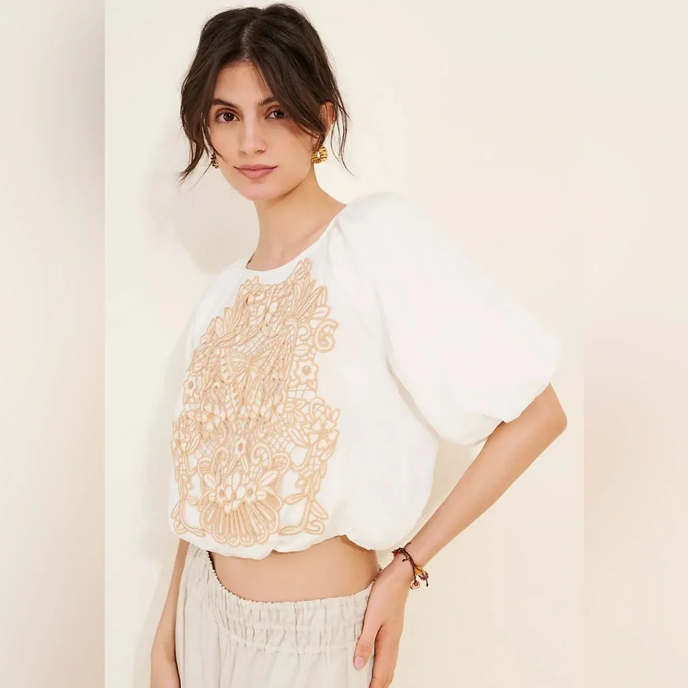 Anthropologie Crafty Linen Blend Puff-Sleeve Top by Ciebon